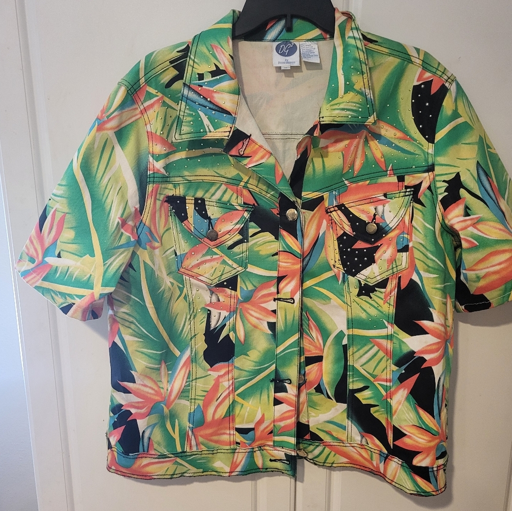DG2 by Diane Gilman Jacket Women's 1X Colorful Floral Studded Button Stretch EUC